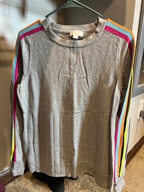 Belle by Kim Gravel Gray Sweater with Multicolor Stripe Sleeves